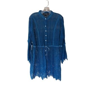Colleen Lopez Teal Lace Bell Button Down Tunic Topper 1XP